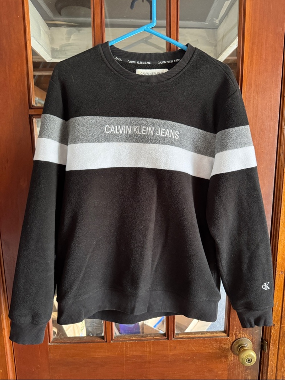 Calvin Klein Jeans Black Crewneck Sweater with White and Gray Stripes